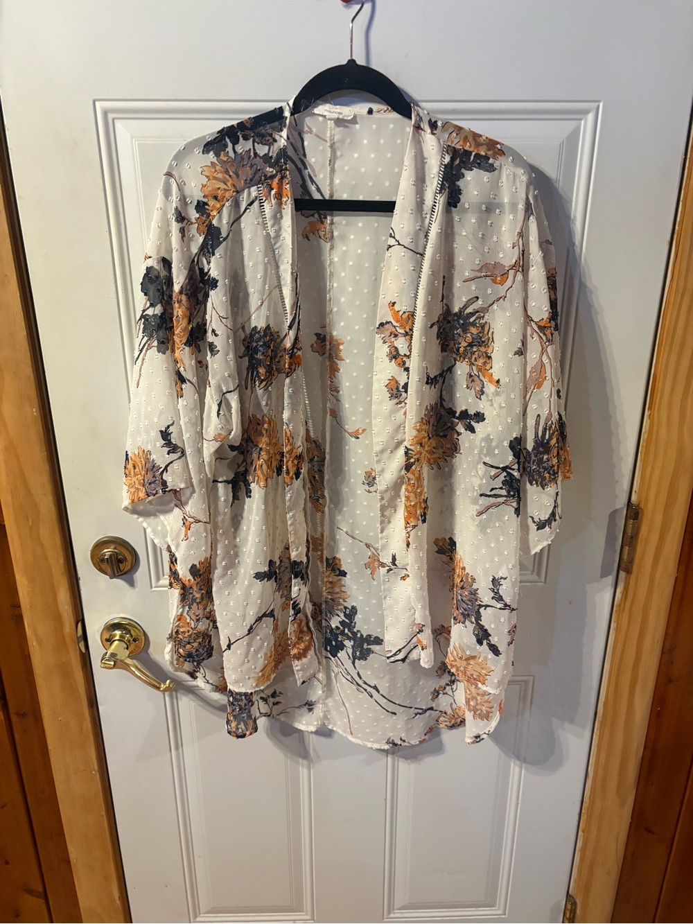 Maurices Open Front Floral Cardigan Cream Rust Navy Swiss Dot